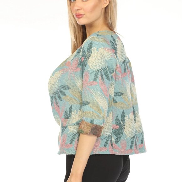 Blue Textured Leaf Print Blazer - Picture 3 of 5